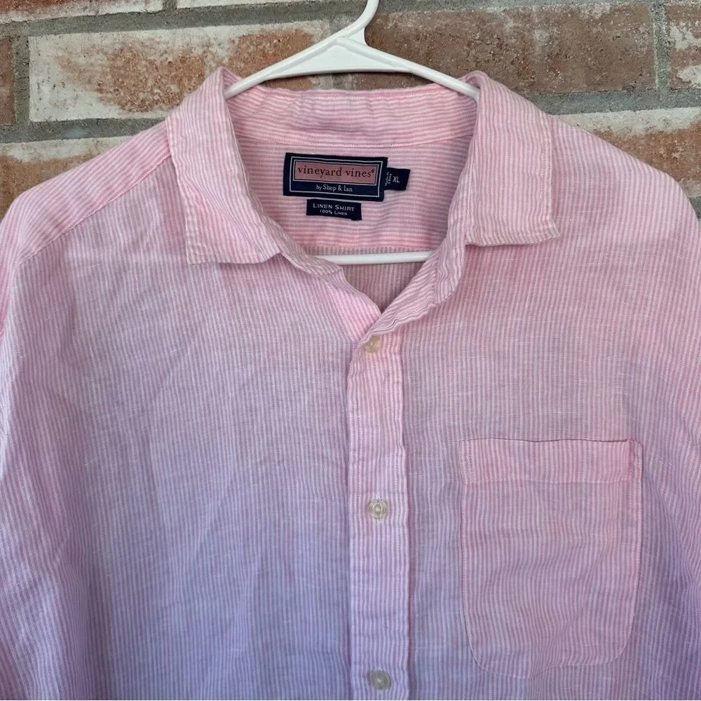 Vineyard Vines 100% Linen Button Down Shirt Oversized Men’s XL Pink White Stripe - Picture 2 of 8
